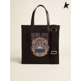 Golden Goose Zwart Californië Noord-Zuid tas met een vintage-print koffie