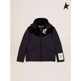 Golden Goose Golden collection gewatteerde jas in donkerblauw nylon en zwart katoenen corduroy donker blauw zwart
