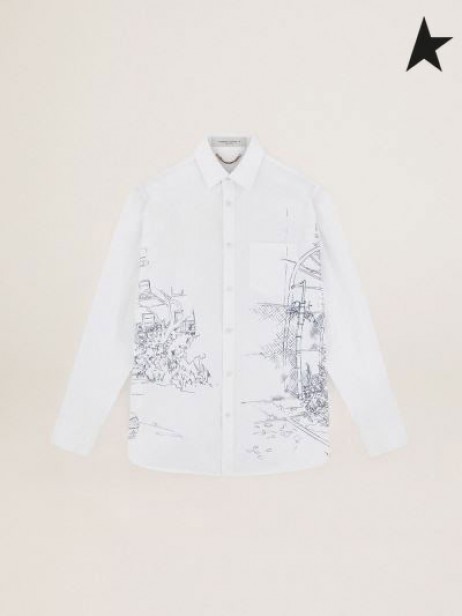 Golden Goose Poplin Journey collection Alvise shirt with contrasting ink-blue decoration white