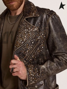 Golden Goose Golden collection leather biker jacket with distressed treatment with hammered studs and adhesive tape black