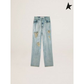Golden Goose Matka kokoelma farkut ahdistuneita-vaikutus light blue denim koko paljetteja vaaleansininen