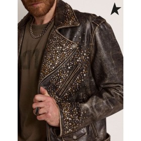 Golden Goose Golden collection leather biker jacket with distressed treatment with hammered studs and adhesive tape black