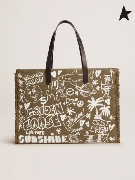 Golden Goose Est-Ouest de la Californie Sac en toile vert militaire avec des graffitis café