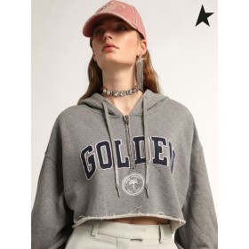 Golden Goose Recadrée Voyage collection de sweat capuche gris avec du bleu foncé Or lettrage gris