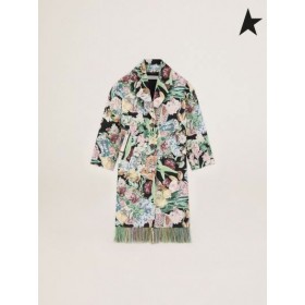 Golden Goose Single-breasted Voyage collection Bertina manteau en jacquard à fleurs avec des collages et des franges avec des fleurs rouges