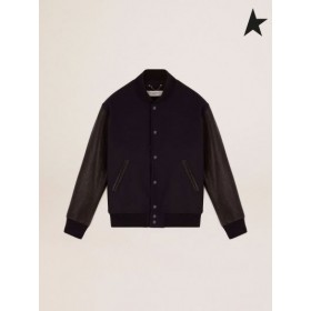 Golden Goose bomber jacker en laine bleue et noire en cuir bleu foncé noir