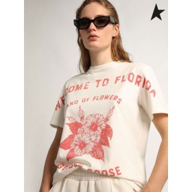 Golden Goose Blanche Voyage collection de T-shirt avec imprimé floral et lettrage en rouge, blanc