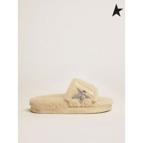 Golden Goose Beige shearling Poolstars sneakers avec des paillettes d'argent étoile Beige argent Beige