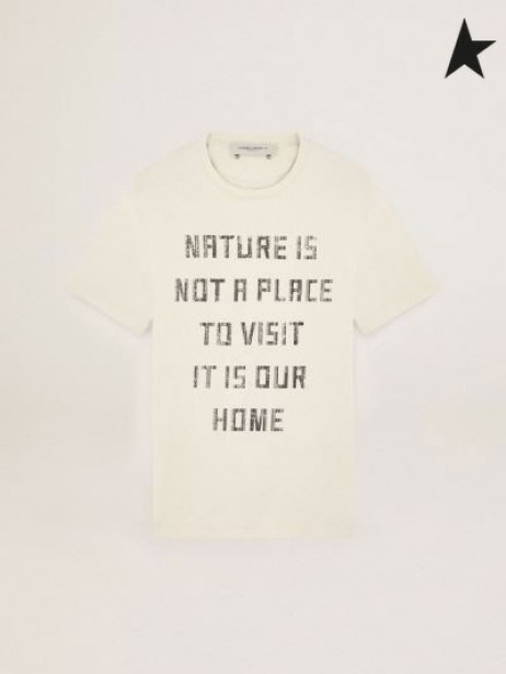 Golden Goose White Reise-Sammlung T-shirt mit kontrastierenden schwarzen Schriftzug auf der front weiß