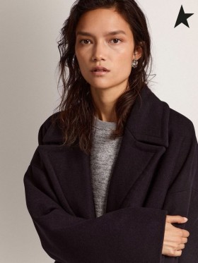 Golden Goose Golden collection single-breasted cocoon-Mantel in dunkel blau Wolle mit gold-farbigen Wappen-Knöpfe dunkelblau