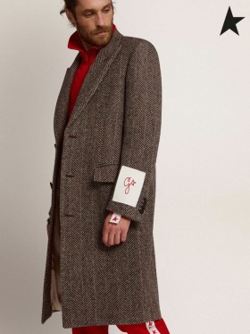 Golden Goose Golden collection single-breasted Mantel aus Wolle mit Fischgrat-Gewebe in beige und anthrazit Grau Beige dunkelgrau