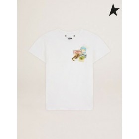 Golden Goose White Reise-Sammlung T-shirt mit mehrfarbigem Stempel-print-weiß