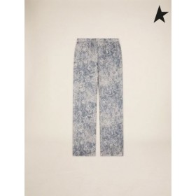 Golden Goose Evan Golden Resort Capsule-Kollektion Leinen-Hose in vintage blau mit kontrastierenden weißen toile de jouy print-blue