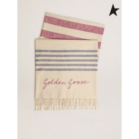 Golden Goose Egeo Golden Resort Capsule collection cotton beach towel in vintage weiß mit roten und blauen Streifen und geflochtenen Fransen an der Unterseite weiß