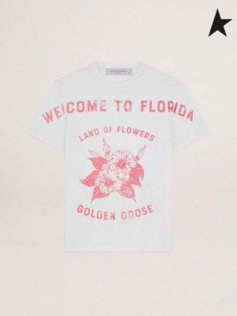 Golden Goose Λευκό Ταξίδι συλλογή T-shirt με floral print και γράμματα σε κόκκινο λευκό