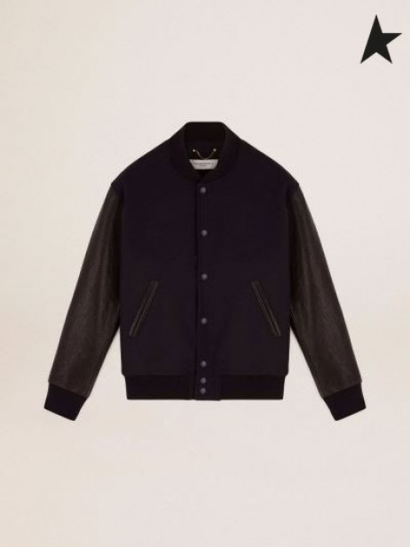 Golden Goose βομβαρδιστικό jacker στο μπλε μαλλί και μαύρο δέρμα σκούρο μπλε μαύρο