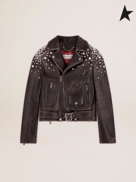 Golden Goose δερμάτινα biker μπουφάν με μαύρα κρύσταλλα