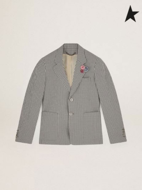Golden Goose Ταξίδι συλλογή λευκό και ανθρακί-γκρι καρό μονόπετο σακάκι με καρφίτσες λευκό σκούρο γκρι