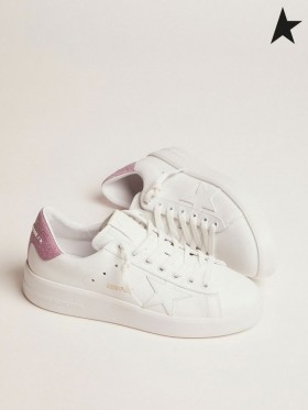 Golden Goose Purestar αθλητικά παπούτσια δέρματος σε λευκό με ροζ glitter τακούνι καρτέλα λευκό ροζ