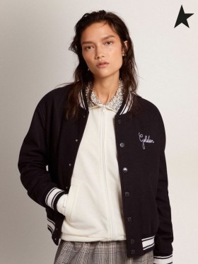 Golden Goose Χρυσή συλλογή bomber jacket σε σκούρο μπλε μαλλί έρχεται σε αντίθεση με το λευκό λεπτομέρειες σκούρο μπλε