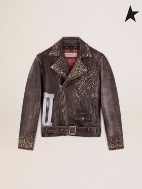 Golden Goose Χρυσή συλλογή δερμάτινα biker μπουφάν με αναξιοπαθούντα θεραπεία με σφυρήλατα καρφιά και κόλλα tape μαύρο