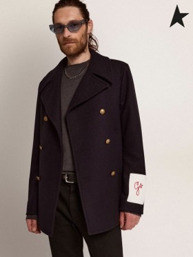 Golden Goose Χρυσή συλλογή κοντό σταυρωτό παλτό σε σκούρο μπλε μαλλί με χρυσές εραλδική κουμπιά σκούρο μπλε