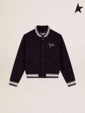 Golden Goose Χρυσή συλλογή bomber jacket σε σκούρο μπλε μαλλί έρχεται σε αντίθεση με το λευκό λεπτομέρειες σκούρο μπλε