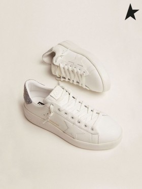 Golden Goose Purestar αθλητικά παπούτσια σε λευκό δέρμα με ασημί κρύσταλλο τακούνι καρτέλα λευκό ασήμι