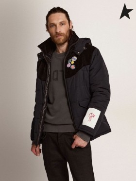 Golden Goose Χρυσή συλλογή γεμισμένο σακάκι σε σκούρο μπλε νάυλον και μαύρο βαμβακερό κοτλέ σκούρο μπλε μαύρο