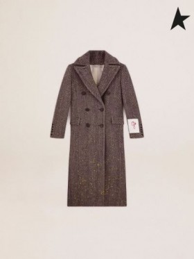 Golden Goose Χρυσή συλλογή σταυρωτό παλτό σε ανθρακί-γκρι βέλος μαλλί με κίτρινο ζωγραφισμένα στο χέρι, με λεπτομέρειες σκούρο γκρι