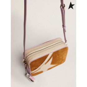 Golden Goose Αστέρων Τσάντα σε λευκό και λιλά σφυρήλατο δέρματος με καμήλα-έγχρωμο ένθετο σουέτ και δέρμα λευκό αστέρι με ραφές αντίθεσης άσπρο καφέ