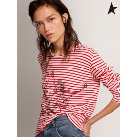 Golden Goose Χρυσή συλλογή T-shirt με λευκό και κόκκινες ρίγες και κέντημα στο μπροστινό λευκό κόκκινο