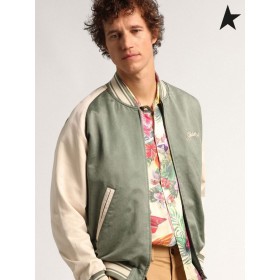 Golden Goose Στρατός-πράσινο και λευκό Ταξίδι συλλογή Έρικ βομβαρδιστικό σακάκι με ένα έζησε στο αποτέλεσμα και την αντίθεση κέντημα στο πίσω πράσινο και λευκό